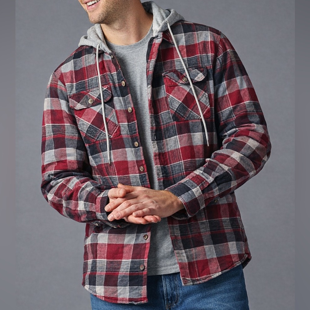 Wrangler Authentics Hooded Red Plaid Flannel Jacket | Casual | Fall | Winter
